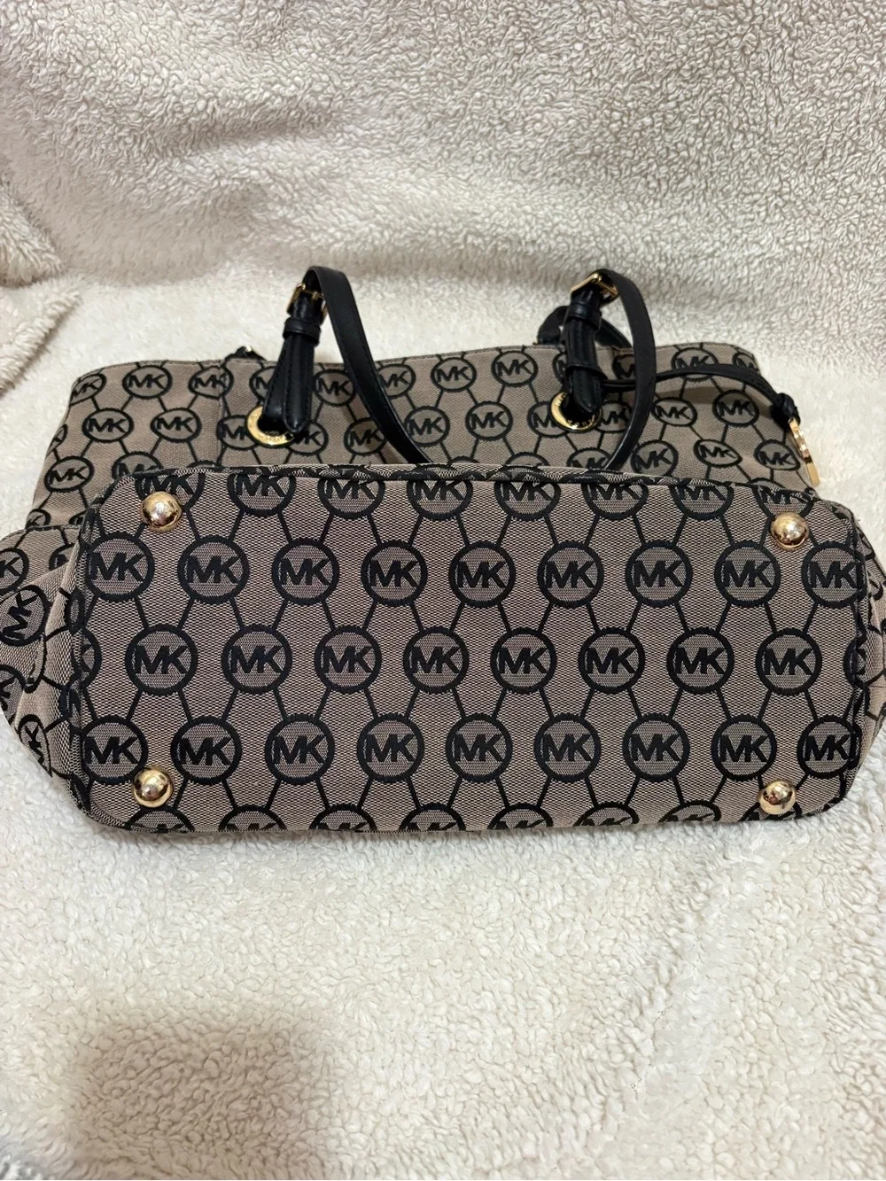 Michael Kors Beige and Black MK Logo Tote with Gold Charm